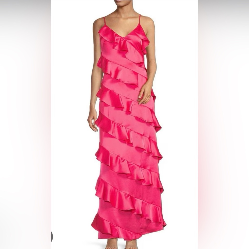 Badgley Mischka Belle Satin Maren Ruffle Maxi Dress